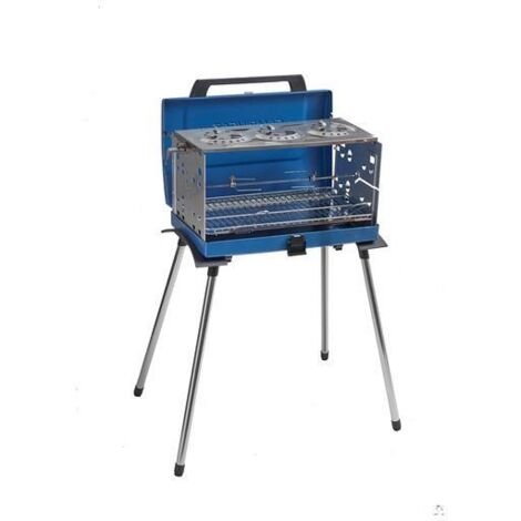 Campingaz – Barbecue à gaz portable 5200W – Surface de cuisson 1572 cm² – Structure en acier chromé bleu et argent – Système de rôtisserie sans moteur