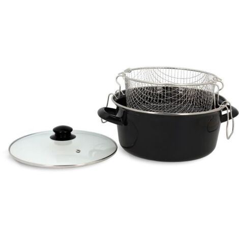 Friteuse électrique en acier émaillé noir 26 cm – Panier inox – Compatible tous feux dont induction – Couvercle en verre avec trou vapeur (1/5)