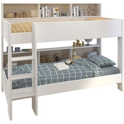 Les Tendances – Lit superposé 90x200 cm en panneaux de particules blanc chêne Brooklyn – Échelle large et bords élevés – 3 niches de rangement intégrées