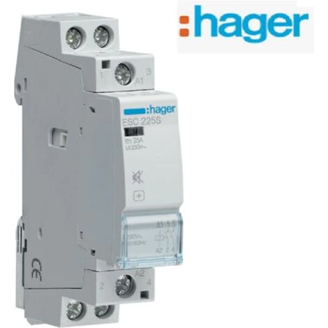 Hager – Contacteur silencieux 25A ESC225S – 230V – 2 pôles pour circuits d'éclairage et chauffage – Montage sur rail DIN