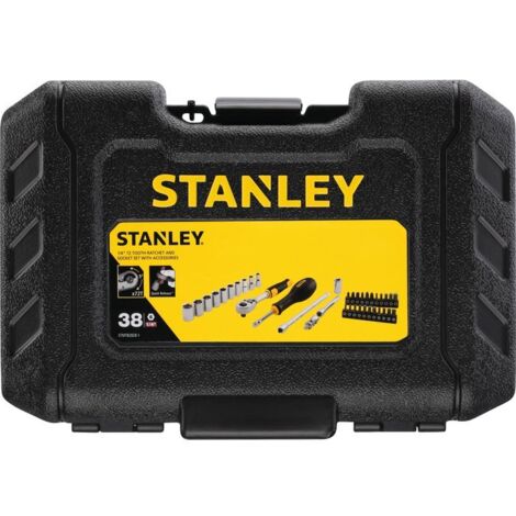 Stanley – Coffret cliquet et douilles 1/4' – 38 pièces – Cliquet 72 dents pour angle de reprise 5° – Éjection rapide des douilles