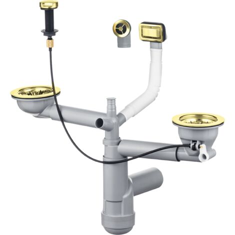 Kit d'évacuation pour évier 2 bacs ZXYZ912 – Siphon peu encombrant – Finition or brillant – Bondes Ø90 mm avec trop-plein – Trizeratop (1/2)