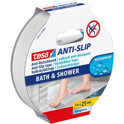 Tesa – Ruban antidérapant transparent 5m x 25mm 555330000011 – Pour baignoire et douche – Résistant à l'humidité et aux UV – Déchirable à la main (1/4)