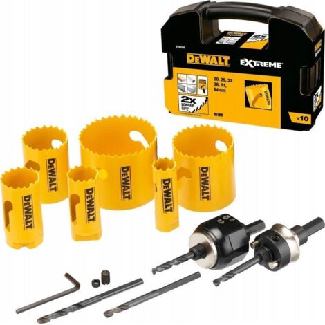 Jeu of 10 mèches bimétal DeWALT Extreme DT90358-QZ, diamètres 20 mm, 25 mm, 32 mm, 38 mm, 51 mm, 64 mm, idéal pour un perçage précis dans le bois et les plaques de plâtre de. (1/3)