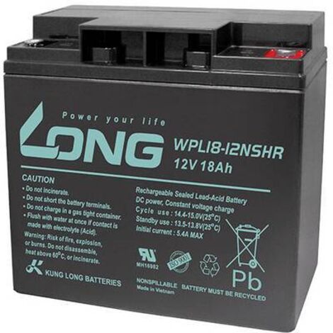 Long WPL18-12SHR WPL18-12SHR Batterie au plomb 12 V 18 Ah plomb (AGM) (l x H x P) 181 x 167 x 76 mm raccord à vis M5 auto-décharge réduite, sans en Y860882 (1/2)