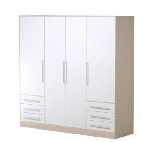 Les Tendances – Armoire de chambre contemporaine en bois aggloméré blanc et chêne – 4 portes – L 206,5 x P 60 x H 200 cm – Design moderne