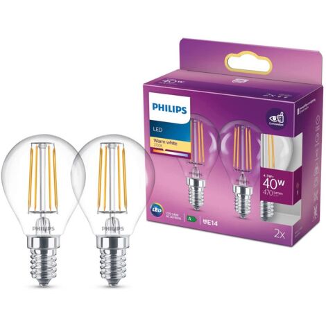 Philips ampoule LED Sphérique E14 40W Blanc Chaud Claire, Verre, Lot de 2 (1/10)