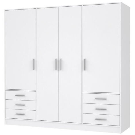 Les Tendances – Armoire 4 portes battantes 6 tiroirs – Blanc mat – Dimensions L 206,5 x P 60 x H 200 cm – Penderie avec tringle et tablette (1/5)