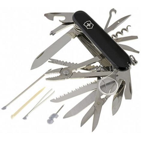 Couteau suisse Victorinox Swiss Champ, 33 fonctions différentes, avec pince à épiler, ciseaux et loupe, 185 gr, couleur noire.