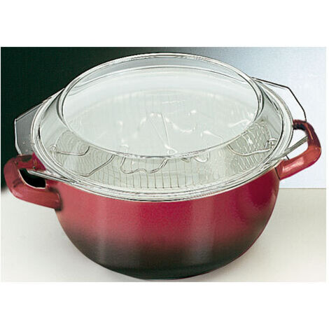 FRITEUSE PANIER AVEC COUVERCLE VERRE VOLCAN ACIER EMAILLE VITRIFIE BORD CERCLAGE INOX . ANSES BAKELITE. COULEUR NOIR ET ROUGE D