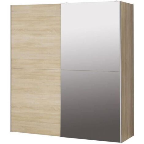 Les Tendances – Armoire coulissante 2 portes avec miroir – Chêne sonoma – L 170,3 x P 61,2 x H 190,5 cm – 2 penderies et tablettes intégrées (1/5)