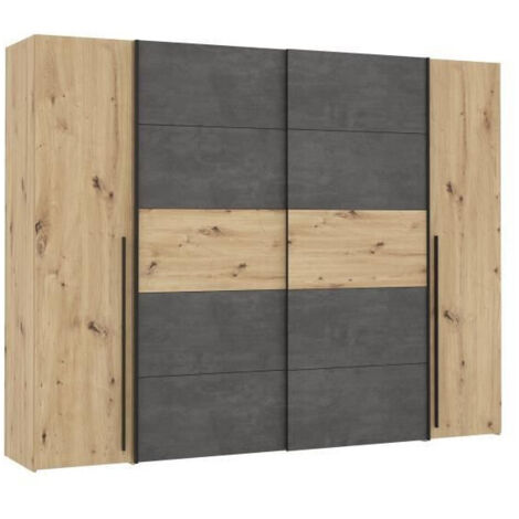 Les Tendances – Armoire 2 portes battantes et 2 portes coulissantes – Chêne artisan et béton gris – L 270,3 x P 61,2 x H 210 cm – 8 tablettes et 2 tringles à habits