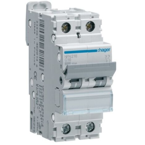 disjoncteur hager - 2 pôles - 16a - 6ka - courbe c - vis / vis (1/2)
