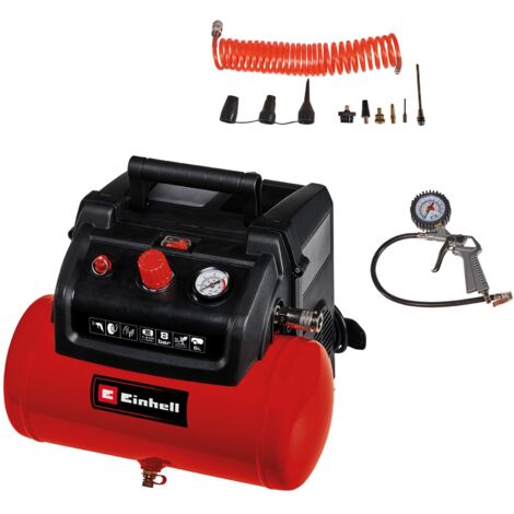 [Ancienne version] Einhell Compresseur TC-AC 190/6/8 OF Set (8 bar, réservoir à air 6 litres, moteur sans huile, avec accessoires)