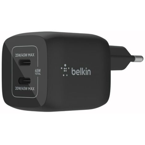 Double chargeur secteur Belkin BoostCharge Pro USB C GaN 45W Noir
