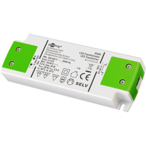 Transformateur LED à Courant Constant 500 mA, 20 W, Super-Plat, pour LEDs avec 500 mA de courant constant jusqu'à 20 W de charge totale dans la plage de tension 24-40 V (DC). (1/5)