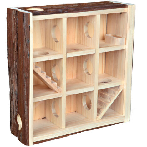 Trixie – Tour de jeu en bois naturel pour petits rongeurs – 3 étages avec 9 pièces et 2 escaliers – Dimensions 30x30x10 cm – Vitre acrylique d'observation