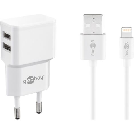 Charge Kit Double Apple Lightning (12 W), adaptateur secteur avec 2x prises USB et câble Apple Lightning 1 m (blanc). (1/5)
