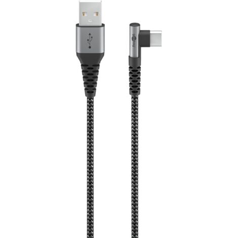 Câble Textile USB-C™ vers USB-A avec Fiches Métalliques (Gris Sidéral/Argent), 90°, 2 m, câble de connexion USB élégant et extra-robuste avec connecteur USB-C™ coudé. Longueur de câble 2 m (1/5)