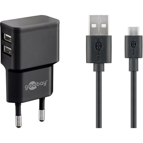 Kit de Charge Double Micro-USB (12 W), Adaptateur secteur avec 2x ports USB, câble micro-USB, 1 m, noir. (1/5)