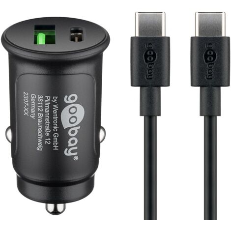 Dual USB Kit de Chargeur Rapide pour Voiture USB-C™ (27 W), adaptateur de charge pour voiture avec 1x USB-C™ et 1x USB-A, câble USB-C™, 1 m, noir. (1/5)