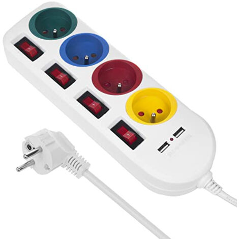 MACLEAN MCE229 W BLOC MULTIPRISES RALLONGE 4 PRISES + 2X USB AVEC INTERRUPTEURS 250VAC/10A, 2.1A 5V, 1.5M BLANC (1/5)