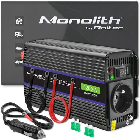 Convertisseur de tension monolithique Qoltec 51925 1200 MS Wave 12 V à 230 V 600/1200 W USB (1/5)