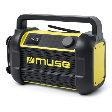 Radio de chantier Bluetooth – Alimentation secteur et batterie lithium 1500 mAh – Résistance IP64 aux éclaboussures – 30 stations FM préréglées – Muse