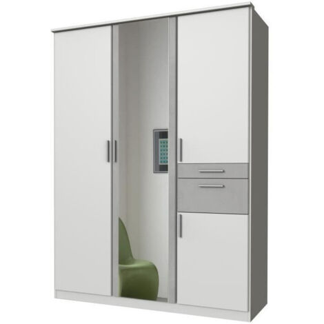 Armoire de chambre - VOLOS - Blanc / Béton gris clair - 4 portes - 1 porte miroir - 2 tiroirs - 135 x 58 x 199 cm (1/3)