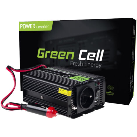 Green Cell – Convertisseur de puissance 300W DC 12V à AC 230V avec USB – Efficacité 85% – Protection contre surchauffe et surcharge – Dimensions 131x106x60mm