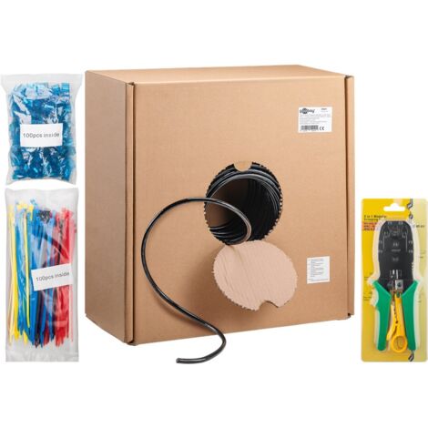CAT 6A Kit de Câbles Réseau Extérieurs, U/UTP, noir, Conducteur en cuivre (CU), AWG 24/1 (solid), gaine de câble en polyéthylène (PE). Longueur de câble 305 m (1/5)