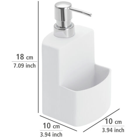 Wenko – Distributeur de savon céramique 380 ml – Pompe plastique chromée – Dimensions 10x18 cm – Espace pour éponge – Design Soft Touch blanc