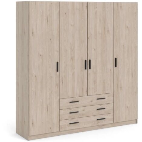 Armoire penderie 4 portes 3 tiroirs L196 cm – Structure en panneaux de particules – Glissières métalliques à billes – Poignées en ABS