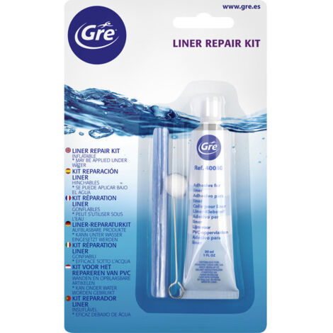GRE – Kit réparation liner piscine – Colle transparente 30 ml – Rustines PVC pour réparations sous l'eau – Compatible piscines hors-sol (1/3)