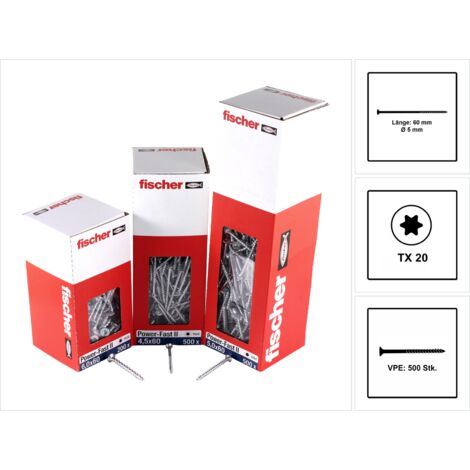 Fischer 500x Power-Fast II FPF II CTP 5 x 60 mm BC tête fraisée avec étoile interne TX20 filetage partiel électro-galvanisé bleu passivé - 670379