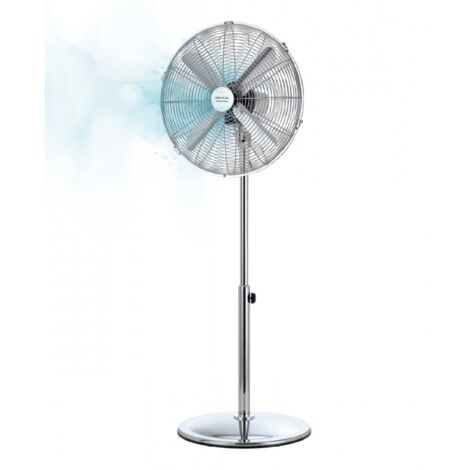 Ventilateur de pie avec 50 W y finition chromée, 16 pouces, 3 vitesses, oscillant, silencieux, réglable en hauteur, 4 pales et sécurité maximale.