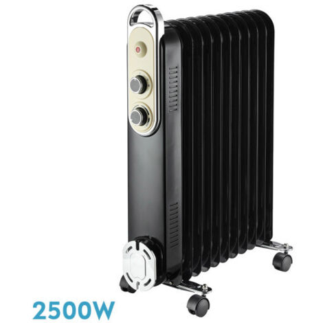 Radiateur à huile amarantus 2500w 11elements noir/beige 3powers anti-tip thermostat sécurité régulateur poignée 62,5x48x24cm