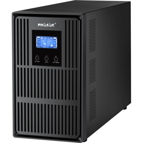 Onduleur en ligne, marque Phasak, modèle PH 8030 3000 VA, idéal pour la protection des équipements critiques, avec double conversion, onde pure, mode ECO, gestion SNMP et haute efficacité. (1/5)