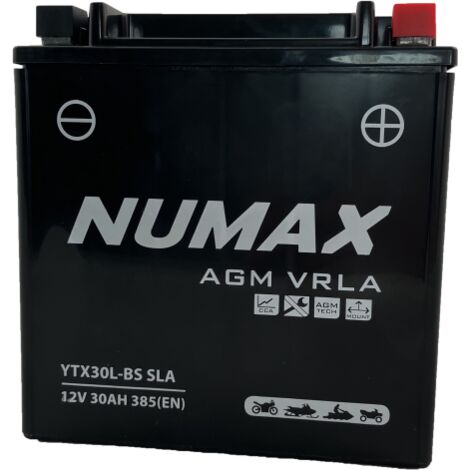 Numax – Batterie moto NTX30L-BS SLA 12V 30Ah 385A – Technologie AGM scellée – Polarité plus à droite – Dimensions 166x126x175 mm