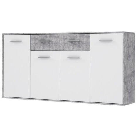 Les Tendances – Buffet bas 4 portes et 2 tiroirs – Blanc et béton clair – Dimensions L 162,3 x P 34,2 x H 88,1 cm – Panneau de particules brillant (1/10)