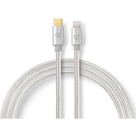Cable lightning usb 20 apple lightning 8 broches usb c male 480 mbps plaque or 100 m rond tresse nylon aluminium argent boite avec fenetre couverte (1/6)