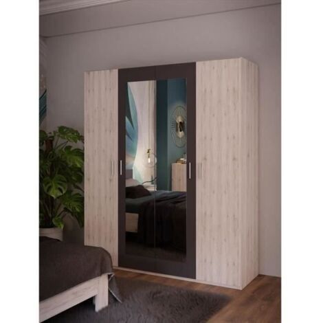 Armoire de chambre - ADRIA - Décor Chêne cendré / Gris foncé - 4 portes battantes - 2 miroirs - L177,5 x P54,2 x H210,5 cm (1/5)