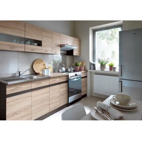 Les Tendances – Cuisine complète 240 cm – 7 éléments – Décor chêne sonoma – Plans de travail 40/60 cm inclus – Rangement modulable
