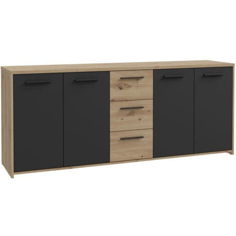 Buffet PILVI - Style contemporain - Particules mélaminé -Décor Chene artisan et Noir- 4 portes + 3 tiroirs - L179,2 x P42 x H74,5