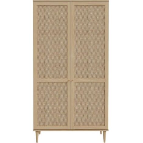 Armoire de chambre 2 portes battantes – Décor chêne et cannage – Dimensions L110 x H208 x P54 cm – Tringle à habits et étagère (1/5)