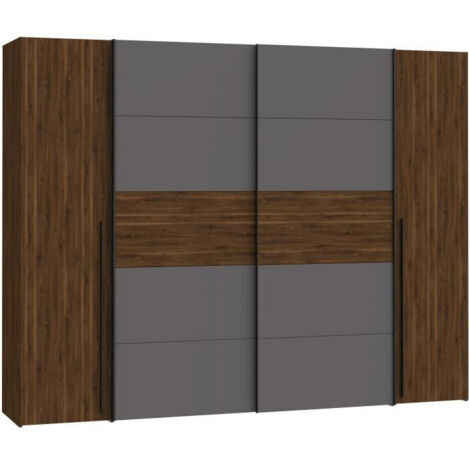 Armoire NARAGO - Décor Noyer Bakersfield et gris - 2 portes coulissantes + 2 portes battantes - L270 x P61 x H210 cm (1/5)
