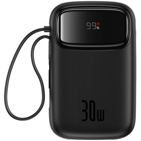 Batterie externe QPow 2 30 W 10 000 mAh avec câbles USB-C intégrés – Noir (1/5)