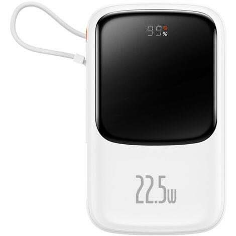 Batterie externe Qpow 10 000 mAh, câble USB Type-C intégré, charge rapide 22,5 W, blanc (1/5)