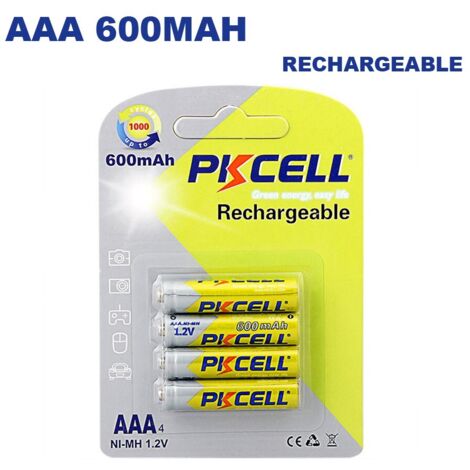 Pkcell – Lot de 4 piles rechargeables AAA 600mAh 1.2V – Technologie NI-MH – Performance fiable pour appareils électroniques – Dimensions 10.5mm x 44.5mm