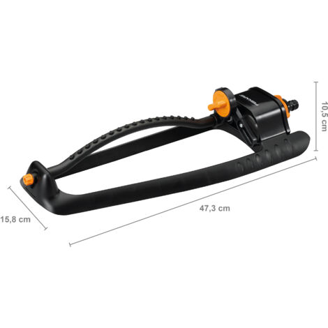 Fiskars Arroseur Oscillant M, RÃ©glage facile de la portÃ©e, Economiseur d'Eau, Pied plastique robuste, Taille universelle, PortÃ©e 16 x 17 m, 298 g, Noir/Orange, 1023659